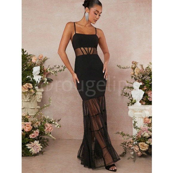 Black Lace Maxi Dress Sheer Details Flared Mermaid Skirt - Picture 6 of 8